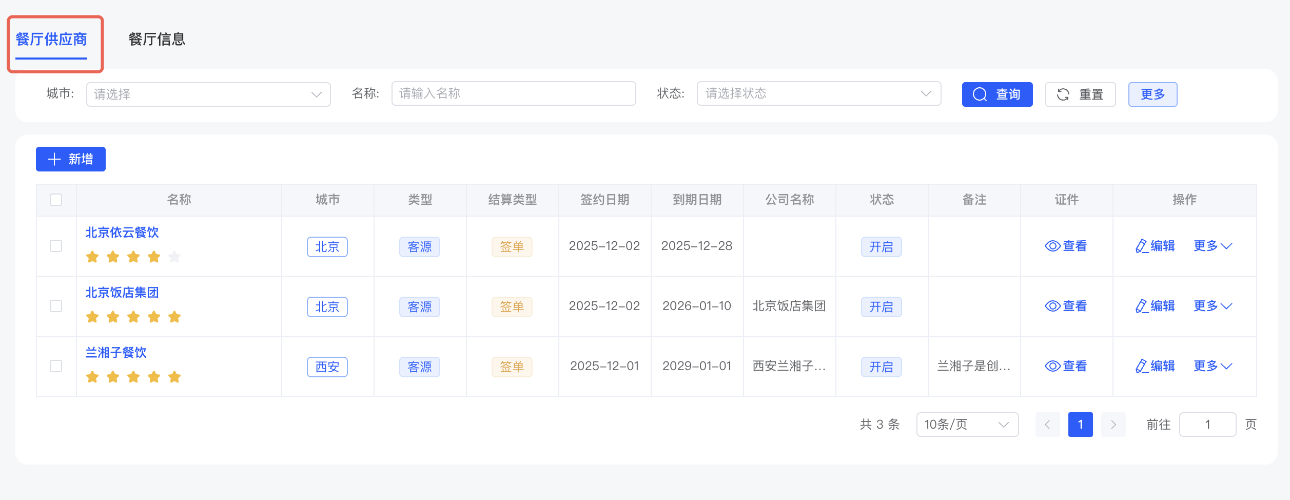 餐厅供应商信息